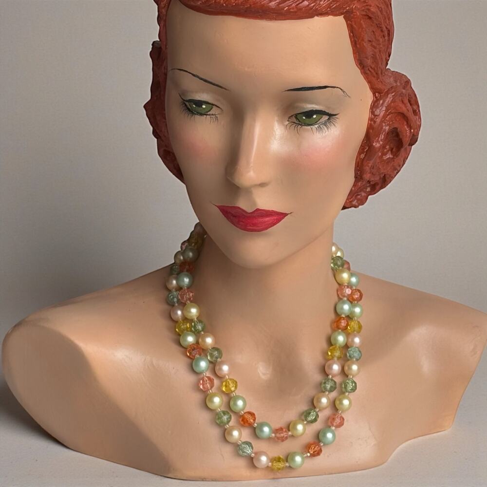 Vintage Uranium Bead Collar Multi Strand Necklace Pastel Faux Pearl Crystal
